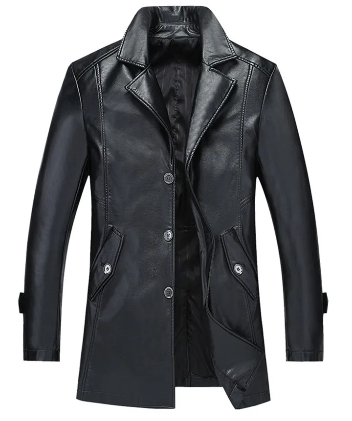 Осень и зима новая Длинная кожаная куртка модная однобортная деловая повседневная мужская брендовая кожаная куртка с отворотом черного цвета - Цвет: black