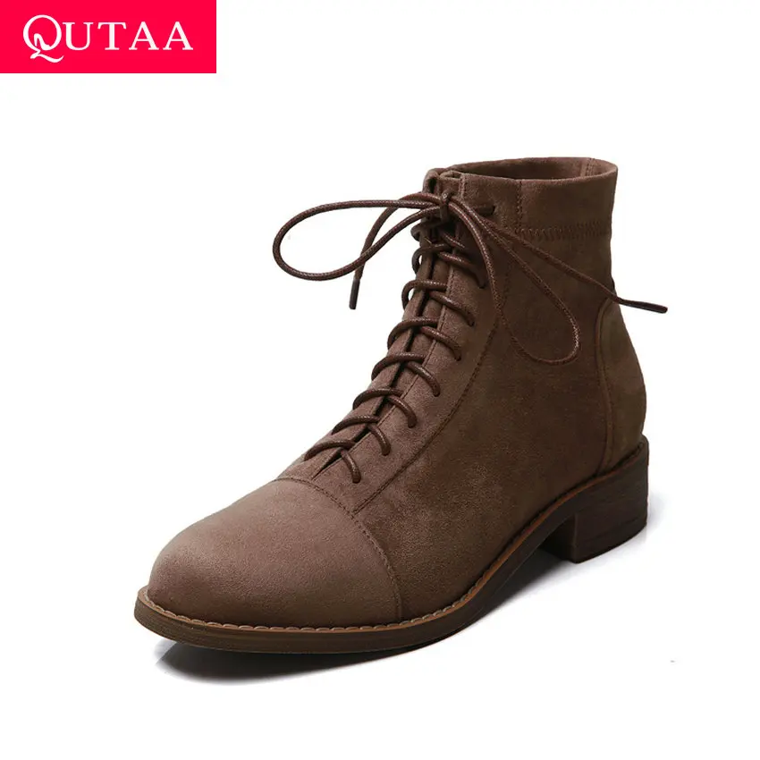 

QUTAA 2020 New Autumn Winter Square Low Heel Women Ankle Boots Casual Round Toe Lace Up Flock Fashion Women Shoes Size 34-40