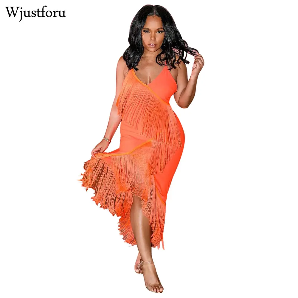

Wjustforu Fashion Sexy Tassel Dress Women Off Shoulder Elegant Midi Dresses Female Spaghetti Strap Summer Casual Dress Vestidos