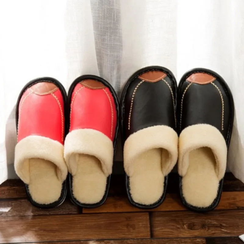 

2018 New Men Women Winter Cotton Slippers Thick Warm PU Non-slip Waterproof Soft Breathable Shoes BS88