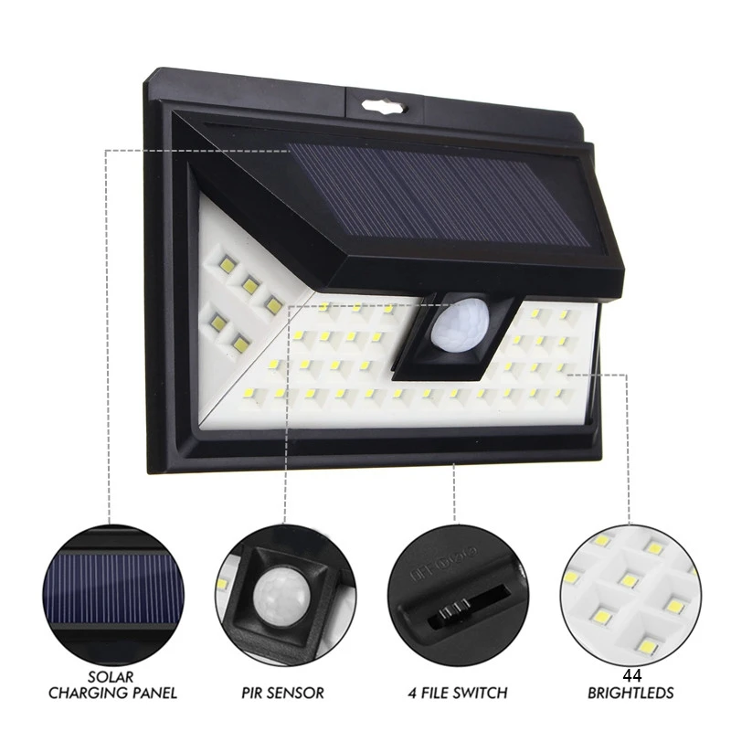 

44 LED Solar Light Outdoor LED Garden Light White Light PIR Motion Sensor Solar Powered Security Night Pathway Wall Lamp