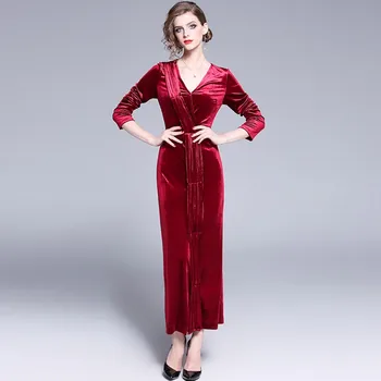 

NEW Women red Velvet Dresses Plus Size Elegant Autumn Winter Slimming Fashion Casual Dress Party Dress Vestidos Femininos