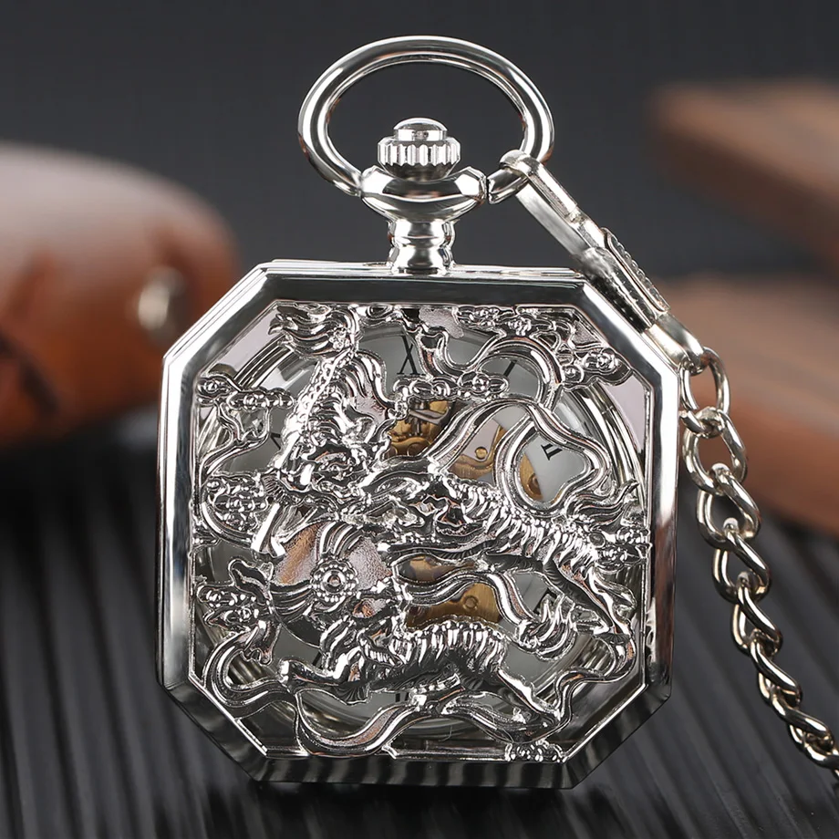 Luxury Silver Half Hunter Mechanical Pocket Watch Irregular Double Tiger Hand Wind Watches Men Women Top Gift For Xmas Birthday (7)