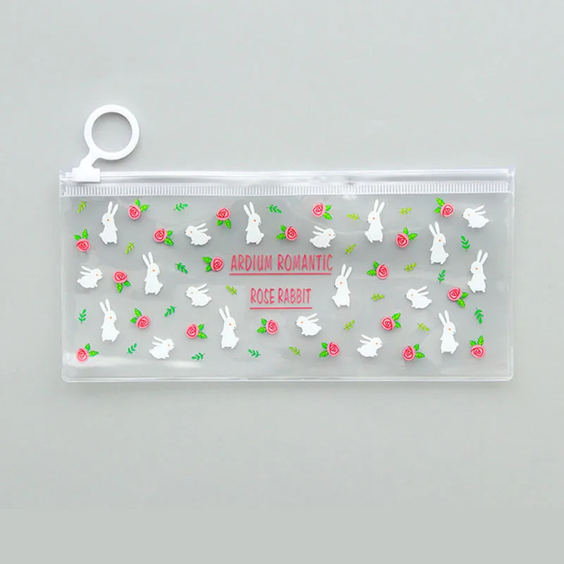 Kawaii Transparent Flowers Animals Pattern Pencil Bag PVC Waterproof Pen Case Pouch Cute box Stationery School Office Supplies - Цвет: rabbit