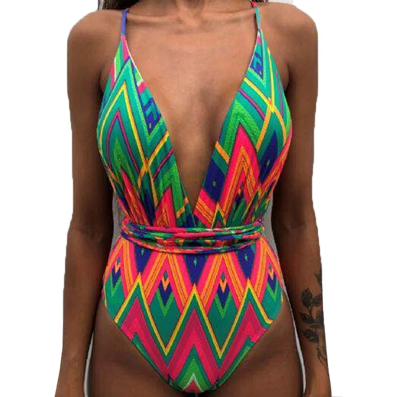 Sexy One Piece Swimsuit Female Deep V Backless Brazilian Monokini Swimwear Women Bathing Suit Swimming sunflower swimsuit - Цвет: wave