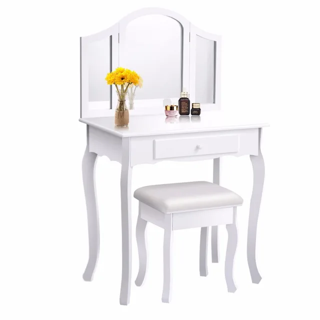 goplus white makeup vanity table and stool set modern tri folding