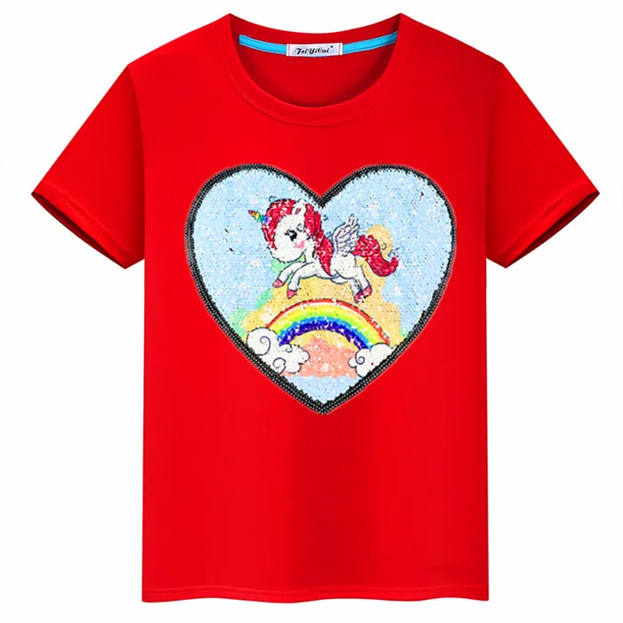 Новинка года; летняя детская одежда с наклейками на застежке с единорогом и блестками; хлопковая Футболка; Одежда для девочек - Цвет: Красный