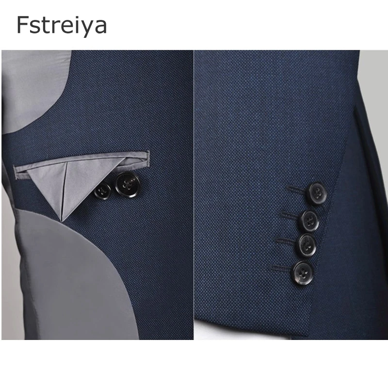 Customized mens Wool clothing Tailored Mens groom wedding lepel slim fit suit Custom Made mens blue suits with pants 3 pieces 