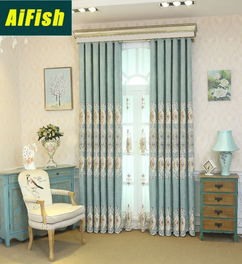 European Chenille Blackout Blue Teal Curtains For Living Room Embroidered Window Sheer Curtain Tulle Draperies Bedroom Wp327 3