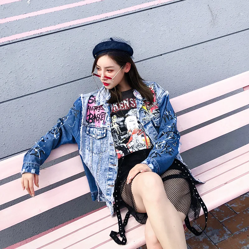 Punk Femmes Trous 2018 Veste Graffiti Denim Neige Jean De Araignée Manteau En Imprimé Streetwear Beau Lt688s50 Vintage w0xY7