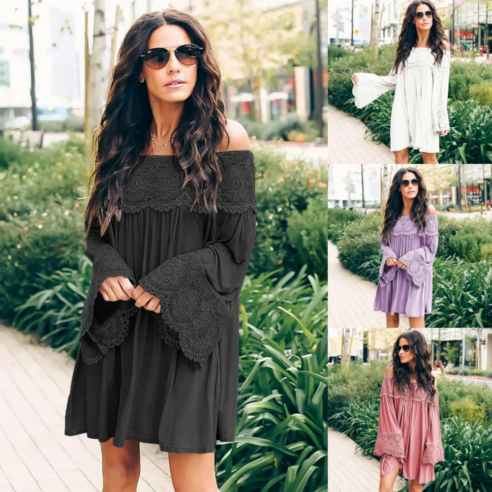 

Uguest Women Lace Chiffon Summer Dress Slash Neck Long Flare Sleeve Solid Loose Large Size Women's Clothing Spring Summer Dress