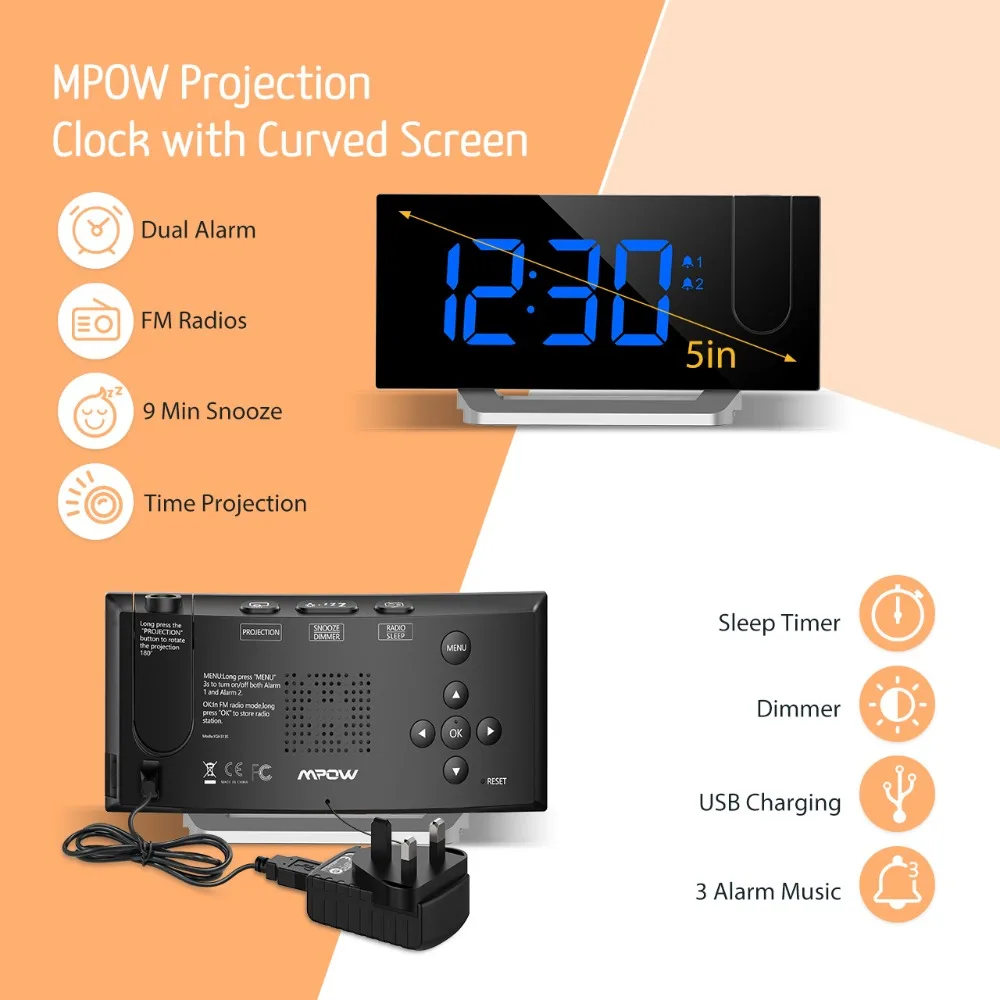 MPOW светодиодный FM проекция 2 будильника Часы Многофункциональный 5-дюймовый изогнутый экран 5 уровней яркость дисплея 4 регулируемые звуковые сигналы будильника