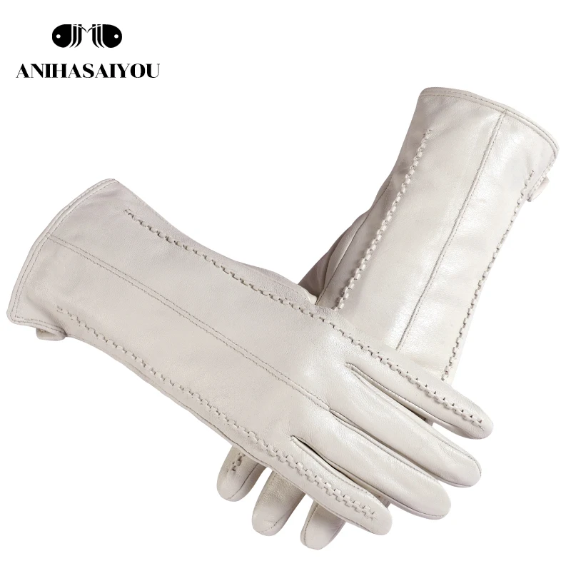 Online Weiß leder frauen handschuhe, Echtes Leder, baumwolle futter warme, Mode leder handschuhe, leder handschuhe warme winter 2226
