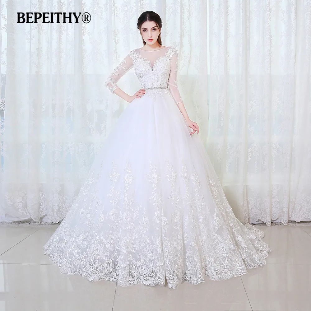 BEPEITHY бальное платье принцессы свадебное Длинные рукава с поясом Vestido De Novia 2019 кружево Винтаж свадебное платье невесты