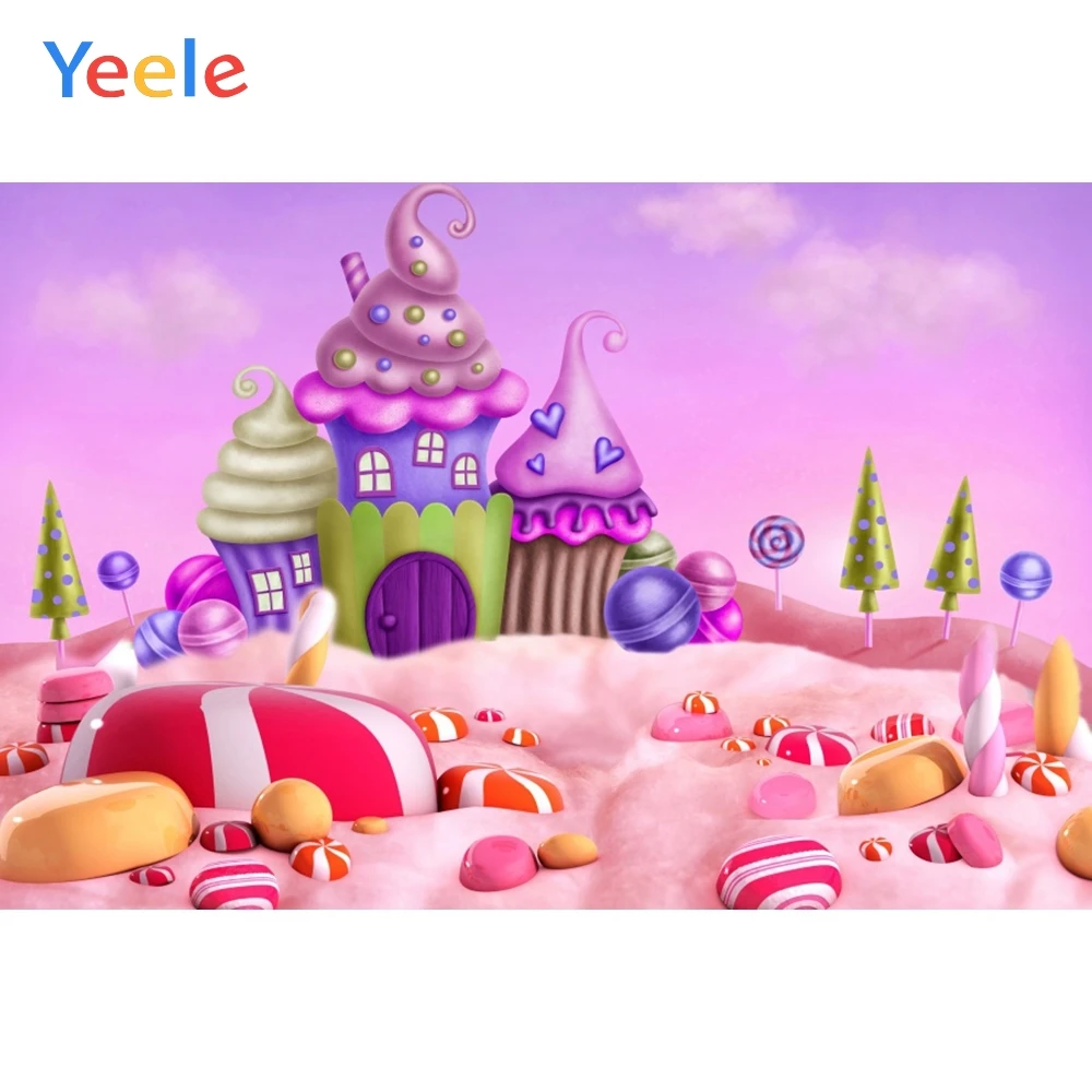 

Yeele Ice Cream House Lollipop Candyland Baby Birthday Photography Background Customized Photographic Backdrops for Photo Studio