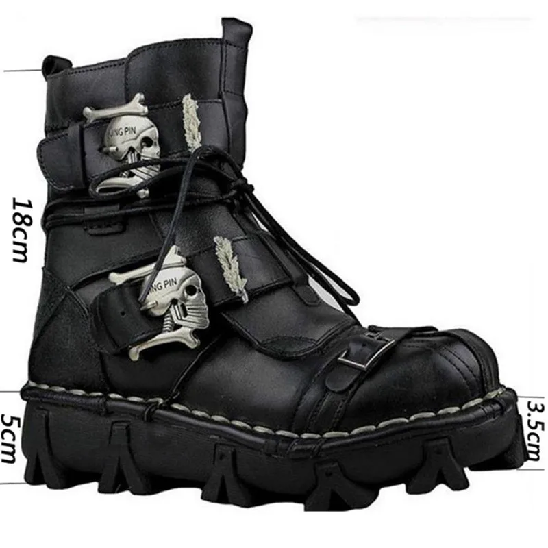 Mens Black Genuine Leather Military Army Boots Gothic Skull Punk Motorcycle Boots
