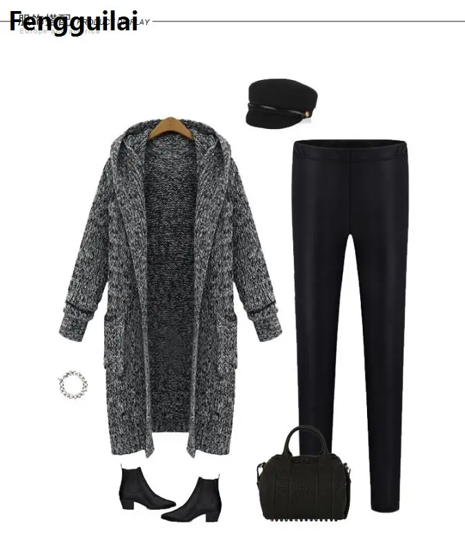 Большой размер серый длинный толстый кардиган зимний теплый джемпер свитер с капюшоном для женщин плюс размер верхняя одежда длинный рукав с карманами