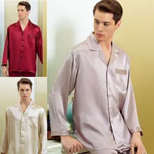 Новое поступление, мужские шелковые пижамные штаны, комплекты с длинными рукавами, пижамные комплекты, домашняя одежда, шелковая одежда для сна, комплект для сна