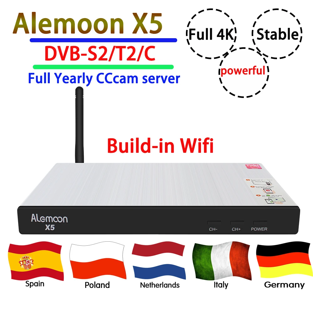 

GOTIT Powerful ALEMOON X5 DVB-S2 T2 C function decoder best satellite receiver full 4K +4 clines cccam best spain Poland TV free