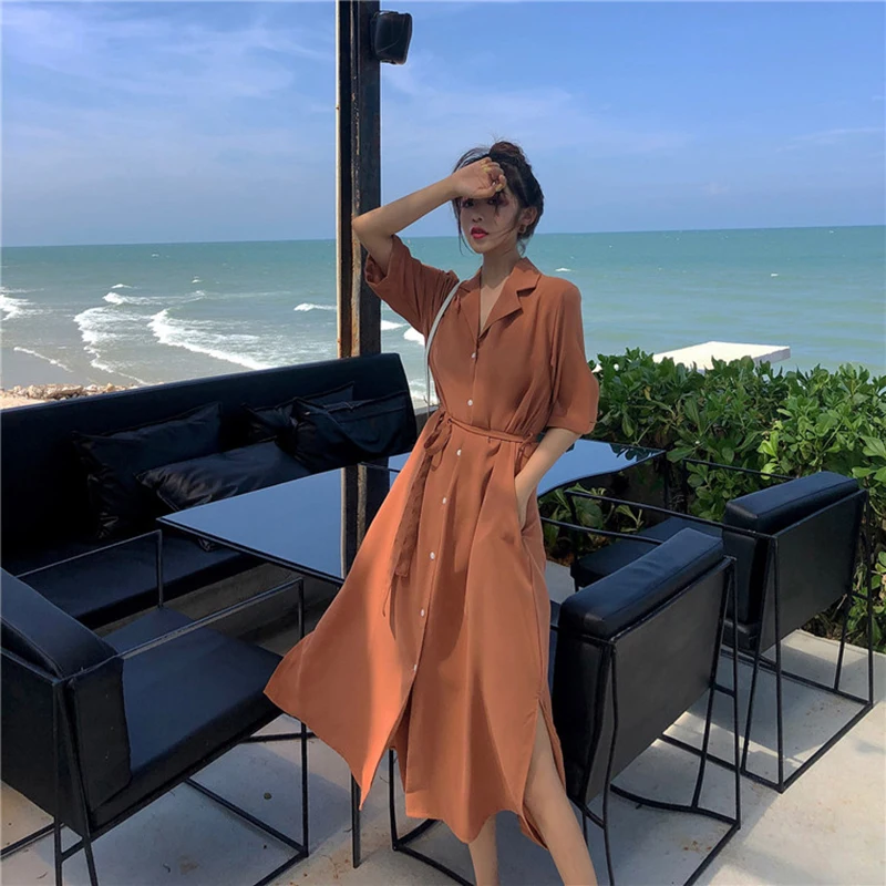 

Slim French Split Solid Dress Female 2019 New Summer Turndown Collar Short Sleeve Single-breasted Waist Long Dress Vestidos