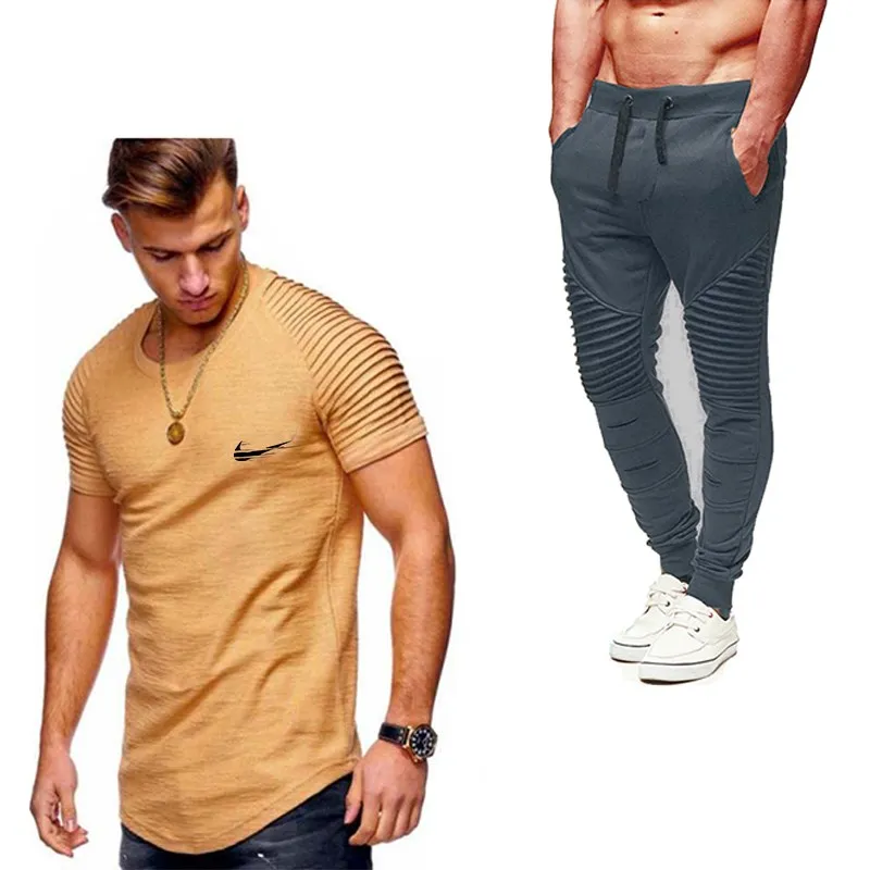 Лидер продаж Лето 2019 г. Новый для мужчин's повседневные футболки + брендовые штаны комплекты из двух предметов спортивный костюм мужской