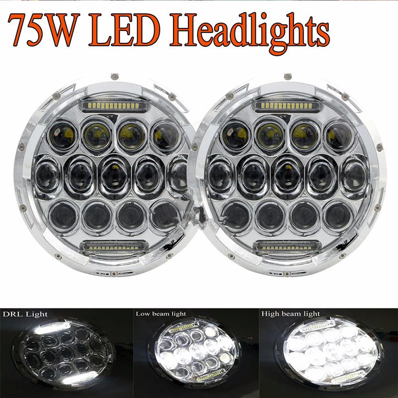 2PCS 75W 7 Silver LED Headlight H4 Hight Low Beam Round Cars Running Lights For Jeep Lada Niva 4X4  未标题-2