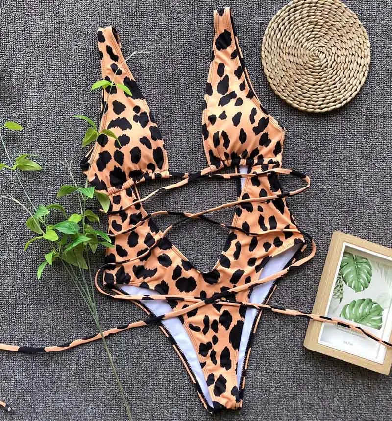 Новая сексуальная леопардовая одежда для плавания, Цельный купальник с вырезами для живота, женский купальник с кисточками, открытая купальная одежда для женщин 3880