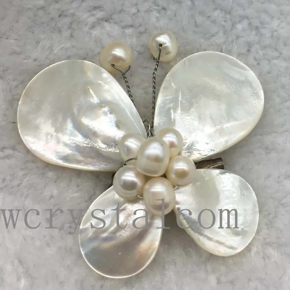 

White Sea Shell Butterfly with Freshwater Pearls Pin Brooch