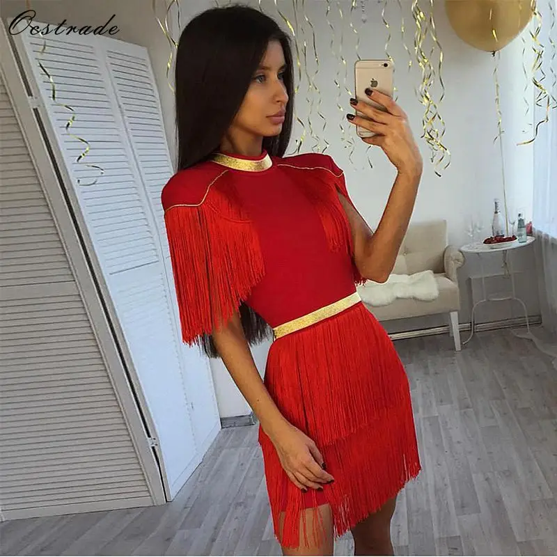 

Ocstrade Vestido Bandage Dresses 2019 New Arrivals Fringe Sexy Party Red Bandage Dress Bodycon Celebrity Bandage Dresses Rayon