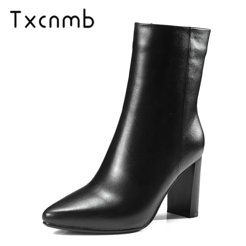 

TXCNMB 2019 Boots Women Ankle Boots for Women Winter Genuine Leather High Heel Shoes Woman Black Beige