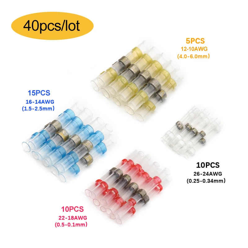 

40Pcs Mixed Heat Shrink Sordering Terminals Electrical Wire Insulated Butt Connector Kit Waterproof Solder Sleeve Tube