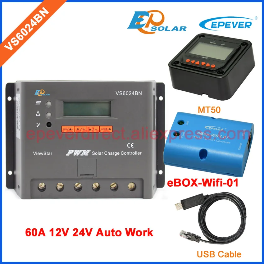 

Wifi BOX 60A EPEVER LCD Display New series solar controller 24V VS6024BN USB cable and MT50 remote meter PWM system