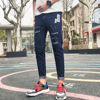 

Teen hole jeans men slimming Korean version trend nine small feet slimming summer thin beggar pants 2019