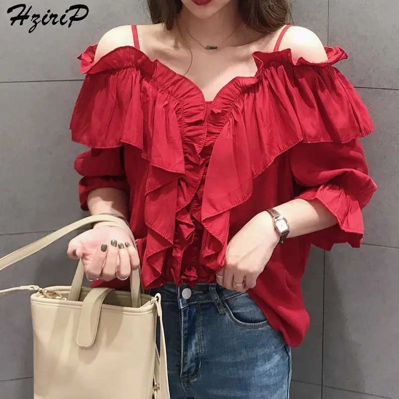 

Hzirip 2019 Summer Korea Short Sleeves Brief Loose Ruffles Slash Neck Camis Women Solid Fresh Free Sexy Casual Blouses 3 Colors