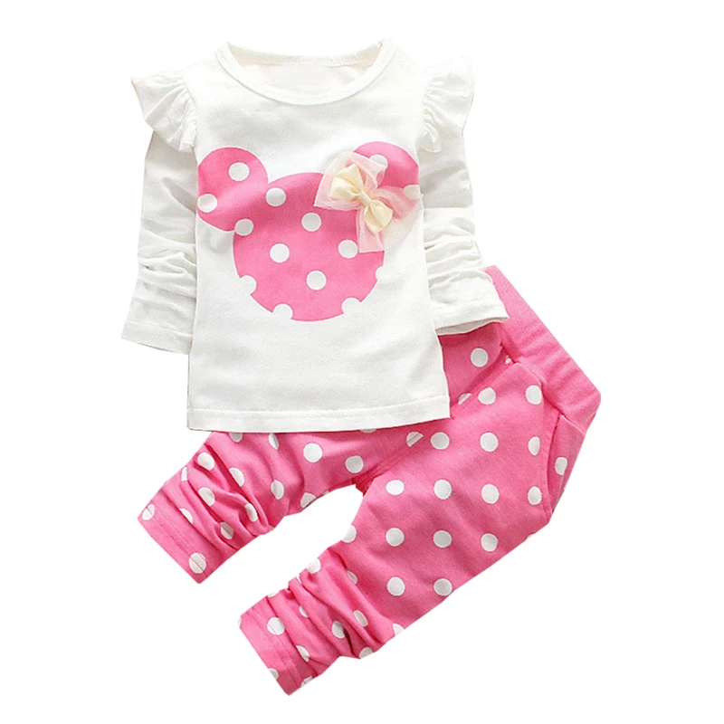 Одежда для девочек комплект из рубашки с длинными рукавами и штанов с рисунком Микки и Минни, украшенный бантом, качественная одежда для детей 0-4 лет