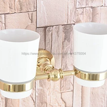 Аксессуар для ванной комнаты настенный роскошный золотой цвет латунный держатель зубной щетки с двумя керамическими чашками Nba315