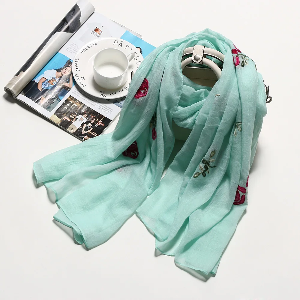 

1 PC Embroidered Flower Scarf Cotton Scarves Shawls Rose Flower Embroidery Scarf Women Viscose Hijab Foulard Femme Scarf