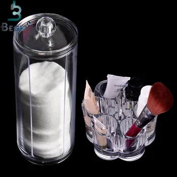 

Acrylic Makeup Organizer Box Portable Round Container Storage Case Make up Cotton & Makeup Pen Box For Home Hotel Office