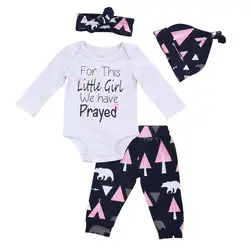 Мода 2017 г. комплекты для малышей 4 шт. для новорожденных на осень для маленьких девочек топы с длинными рукавами боди + штаны + шапка + повязка