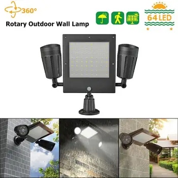 

64LED 360 Rotary Outdoor Wall Lamp Sensor Dual Head Solar Light Security Motion Floodlight Panel Light Garden Street Lamp