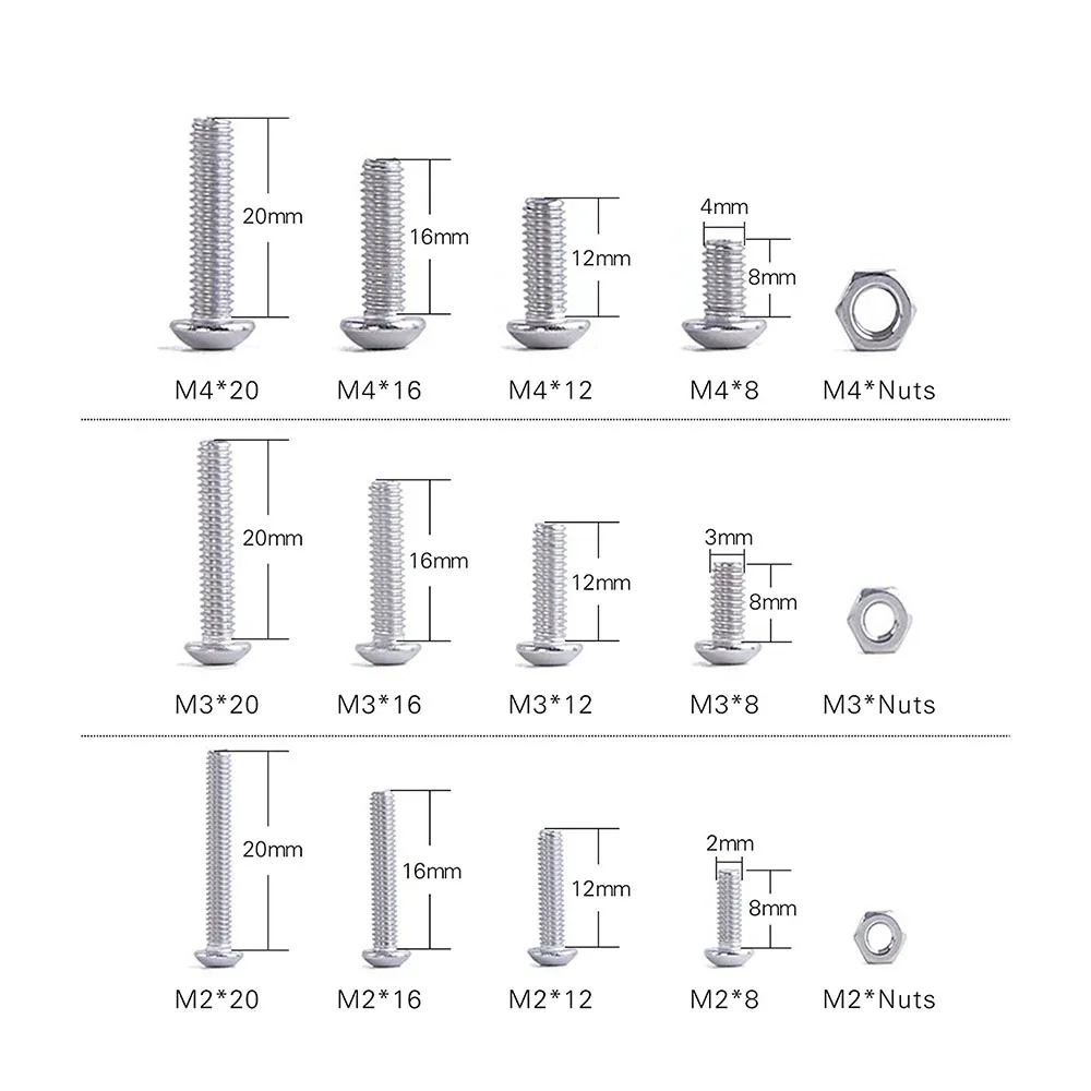 480 шт кнопочная головка 12 размеров набор винтов и гаек, M2 M3 M4 сталь ассорти с шестигранной головкой Болты Шурупы гайки набор