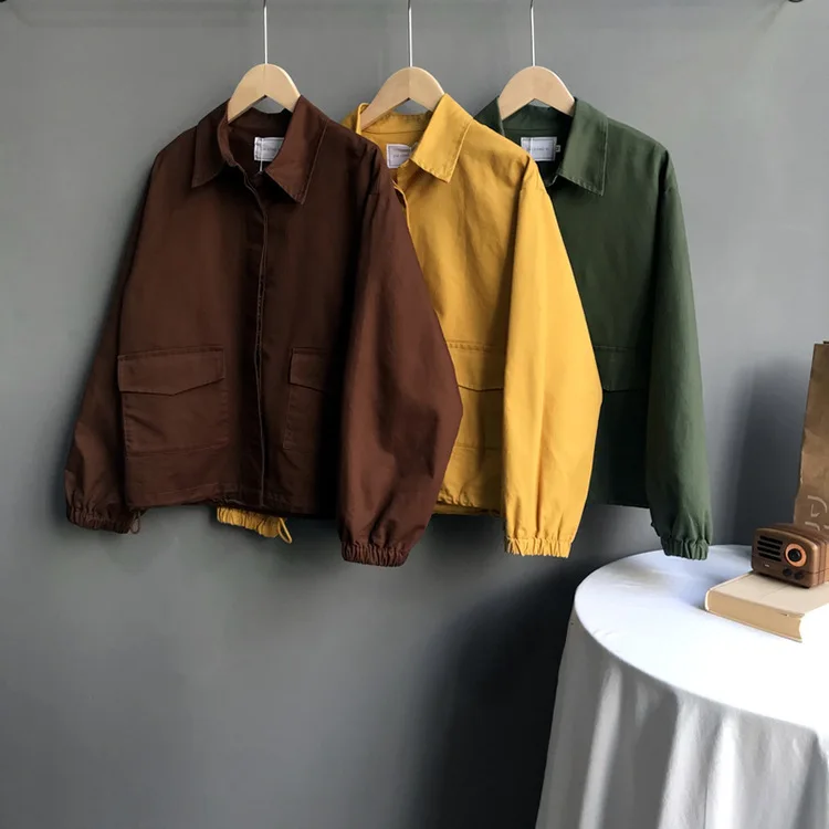 Autumn Safair Style Women Solid Jackets Turn-down Collar Full Sleeve Pocket Straight Work Clothes Korean Loose Yellow Green Coat