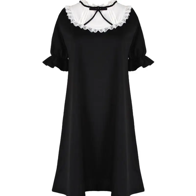 Японское милое модное черное платье для женщин, корейское, милое, с бантом, кружевное, в готическом стиле, свободное, со стоячим воротником, для девушек, Лолита, мини 8446 - Цвет: Short Sleeve