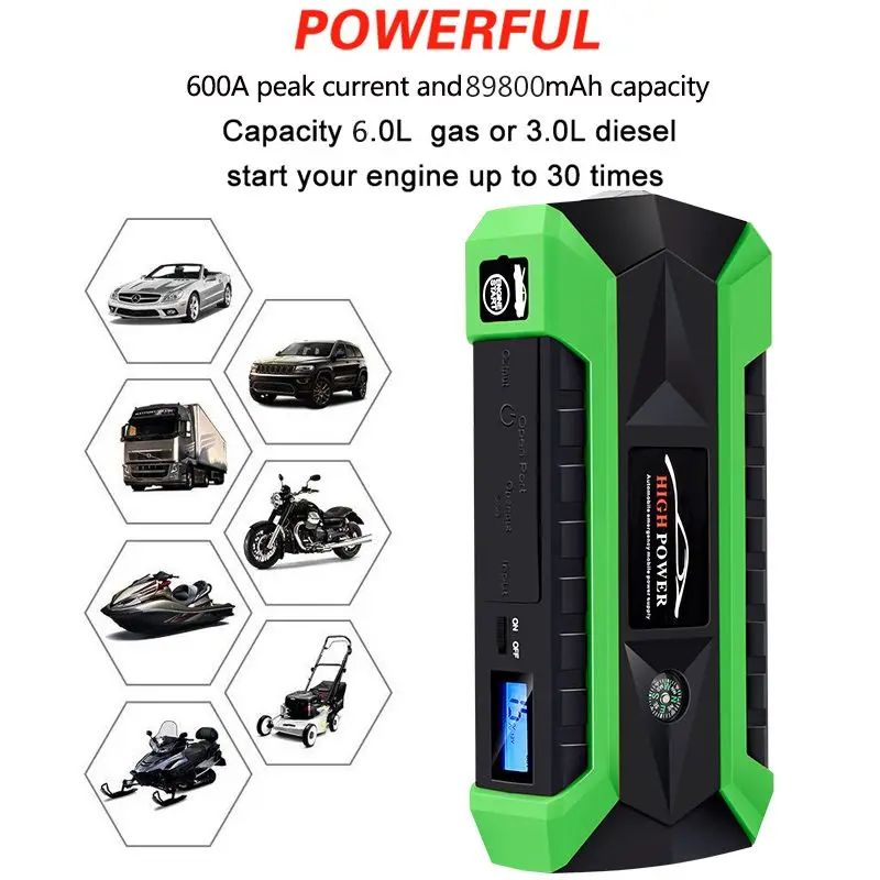  Multifunction Jump Starter 89800mAh 12V 4USB 600A Portable Green Car Battery Booster Charger Booste