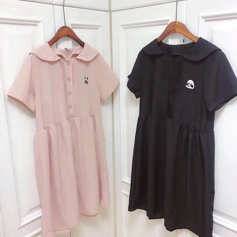 

Summer New Chic Women Sweet Dress Short Sleeve Peter Pan Collar Girl's Loose Dresses Cute Bear Embroidery