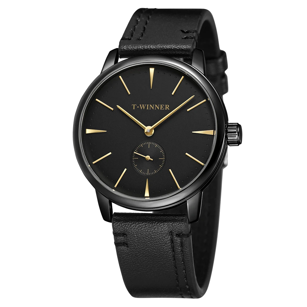 T-Winner, модный бренд, мужские механические часы, ремешок из натуральной кожи, роскошные деловые мужские часы, черный чехол, Relogio Masculino