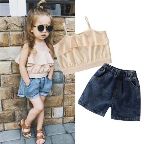  Infant Summer Fashion Sleeveless Ruffles Sling Holiday Casual 2pcs Kid Baby Girls Outfits Vest Tops