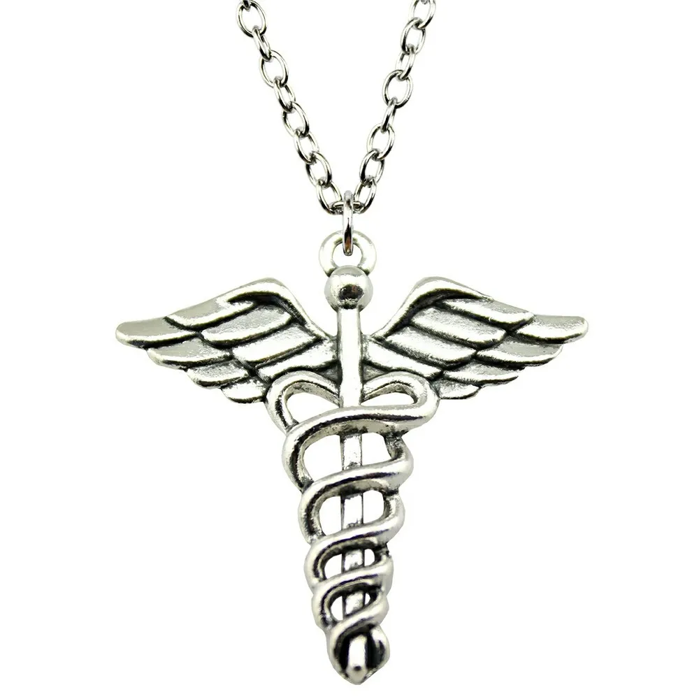 

WYSIWYG Fashion Antique Silver Color 40x40mm Caduceus Medical Cane Pendant Necklace, 70Cm Chain Long Necklace Dropshipping