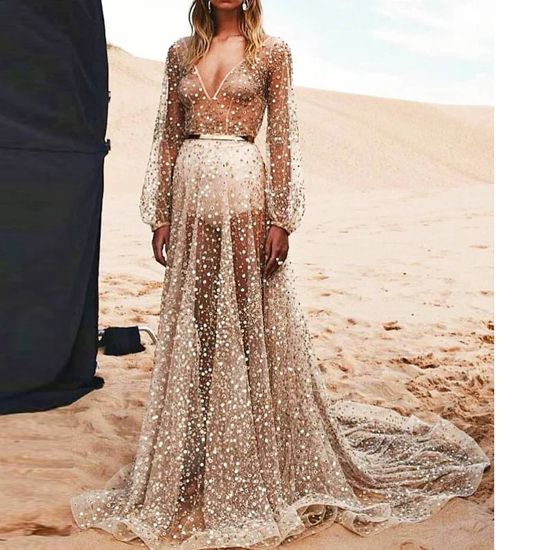 

Women Party Clothing Gauze Glitter Chic Robe Sexy Dress Deep V Collar Transparent Nightclub Embroidery Sequin Long Dress