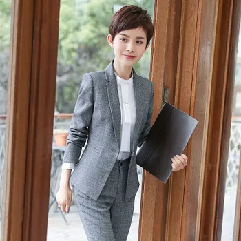 

2019 Gray Women Blazer Pant Suits Ladies Office Blazer Suit Feminino Jackets And Pants Formal Blazers Sets Work Wear Suits